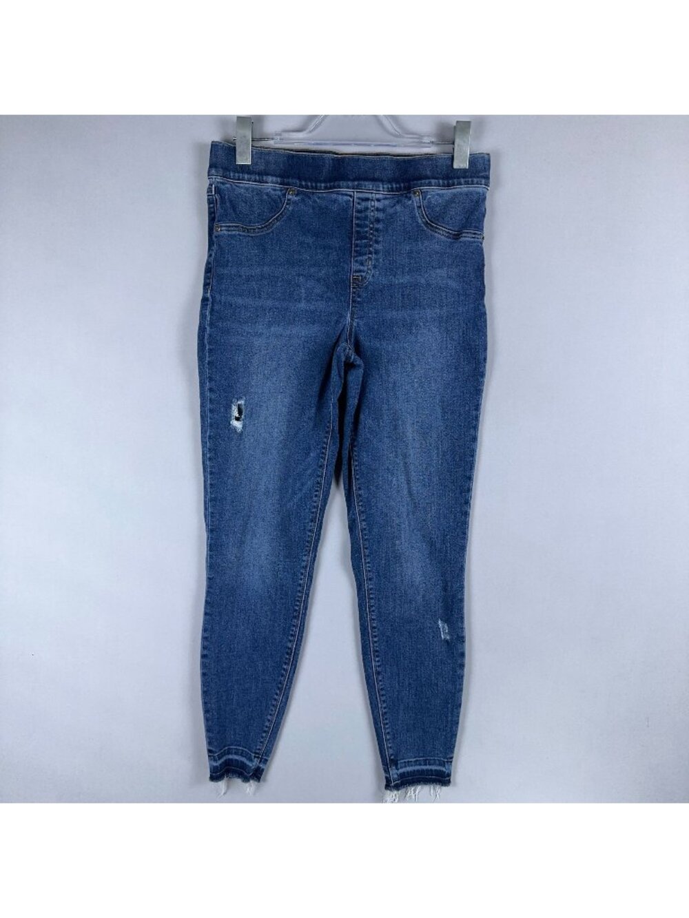 Spanx Jeans Skinny Distressed High-Rise Womens Size Large Blue Wash Frayed Hem